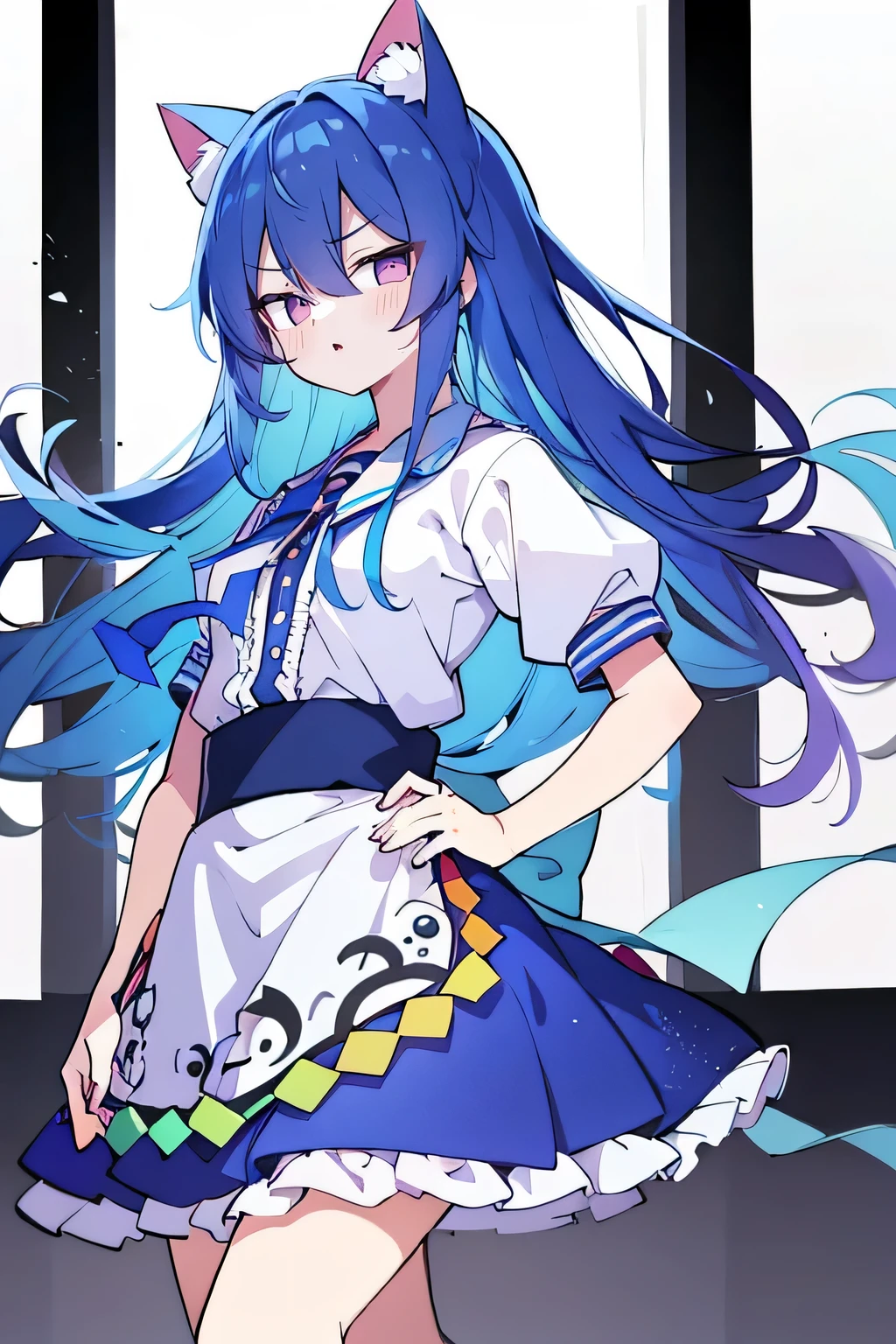 (masterpiece),best quality, expressive eyes, perfect face, 1girl,
Put your hands on your waist,fair, Gorgeous,Japanese cartoons,girl,lola,Hina Angel, blue hair, blue haired, floating clothes,Grab your waist, Grab your waist, hands on hips , hands on hips,sit, sit on ground, Legs on the ground, flat chest,cat ear,