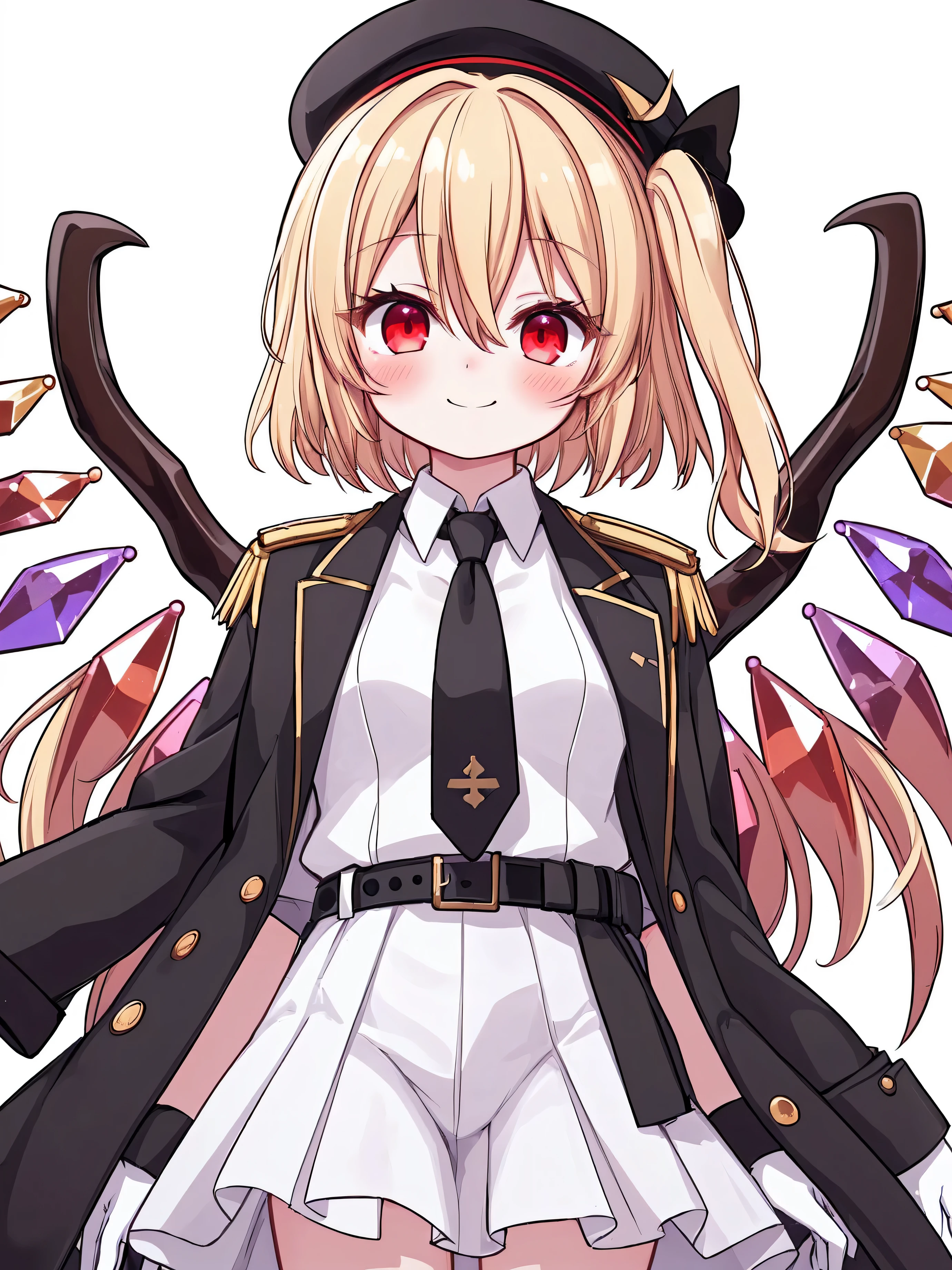 masterpiece, top quality, super detailed, CG illustration, high resolution, better lighting, best shadows, very delicate and beautiful, proper shading, hd, 8k,flandre scarlet, 1girl, solo, looking at viewer, blush, smile, blonde hair, shirt, red eyes, gloves, long sleeves, hat, white background, holding, hair between eyes, closed mouth, white shirt, cowboy shot, wings, necktie, alternate costume, black gloves, belt, uniform,coat, military, black headwear, military uniform, buttons, black necktie, epaulettes, black coat, crystal