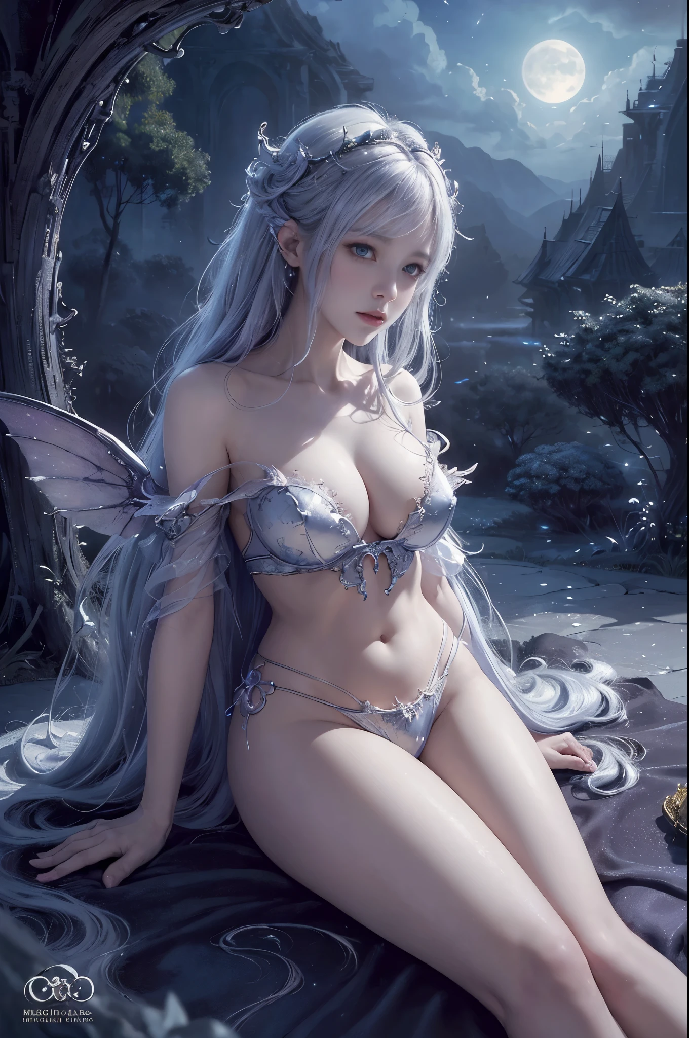 ((best quality)), ((masterpiece)), (detailed), alluring succubus, ethereal beauty, perched on a cloud, (fantasy illustration:1.3), enchanting gaze, captivating pose, delicate wings, otherworldly charm, mystical sky, (Luis Royo:1.2), (Yoshitaka Amano:1.1), moonlit night, soft colors, (detailed cloudscape:1.3), (high-resolution:1.2)