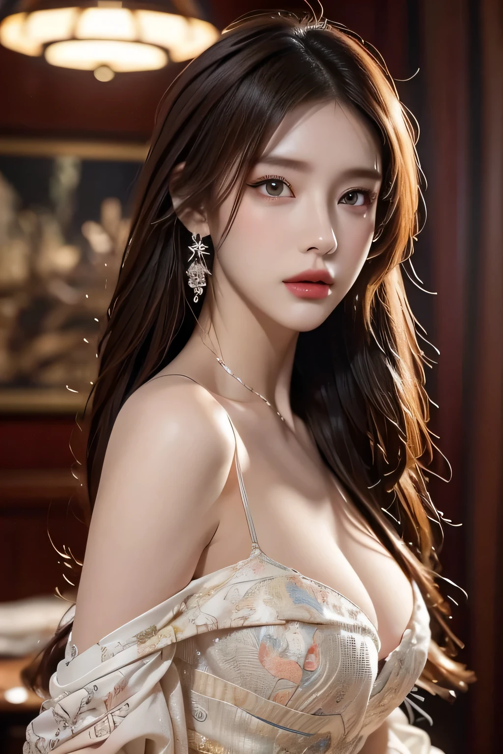 High-quality work，Realistic works，Super premium graphics，8K HD CG works，high quality graphics，High-definition and exquisite CG works，10x pixels，Ultra-fine details：1.1，Advanced technical details：1.1Realistic photo effects，Interior lighting effects：1.5，natural soft light：1.5. Light effect（Virtual light effects：1.8），ultra high resolution，shining dress，sliver long hair，silber hair，transparenthair，high detailed hair（Quality hair details：1.1）Clear eyes，Double eyelids look good，Sharp eye makeup, Create exquisite eyelash makeup, tthin eyebrows, Ultra-detailed eyes，a tall nose, lovely red lips, rosey cheeks, With delicate makeup on her face , pretty face, The face shape is perfectly proportioned,（Advanced facial details：1.1）beauty,centered,looking at the camera,approaching perfection,dynamic, in the cyberpunk city, looking at viewer, moonlight,highly detailed,digital painting,artstation,concept art,smooth,sharp focus,illustration,art by Carne Griffiths and Wadim Kashin . energetic brushwork, bold colors, abstract forms, expressive, emotional, official art,unity 8k wallpaper,ultra detailed,beautiful and aesthetic,masterpiece,best quality,(zentangle, mandala, tangle, entangle),(fractal art:1.3),1girl,medium breasts,extremely detailed,dynamic angle,((cowboyshot)),the most beautiful form of chaos,elegant,a brutalist designed,vivid colours,romanticism,by james jean,roby dwi antono,ross tran,francis bacon,michal mraz,adrian ghenie,petra cortright,gerhard richter,takato yamamoto,ashley wood,atmospheric,ecstasy of musical notes,streaming musical notes visible,，Women's artwork，Dress full body video，Realism，Amazing Cleavage，My eyes are very bright today
