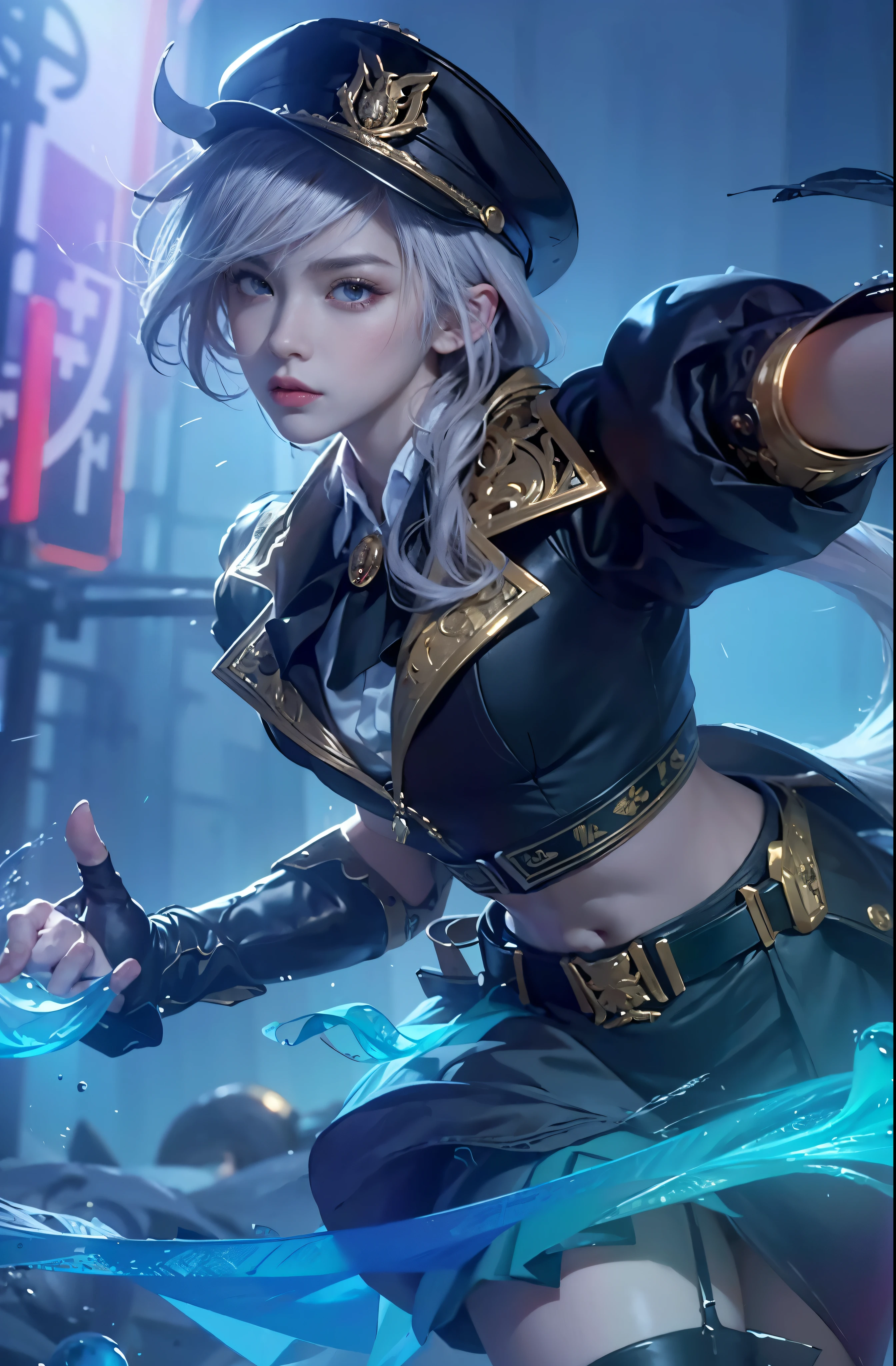 (best quality,4k,8k,highres,masterpiece:1.2),ultra-detailed,realistic,professional,portrait,close-up,captivating eyes,vibrant colors,artgerm style,uniformed woman,sharp focus,expressive face,perfect lighting,elaborate costume,iconic pose,dynamic composition,character design concept,astrological symbols,fiery hair,Athena's emblem,fierce determination,feminine strength, red-eyes, white-hair, mouth opened