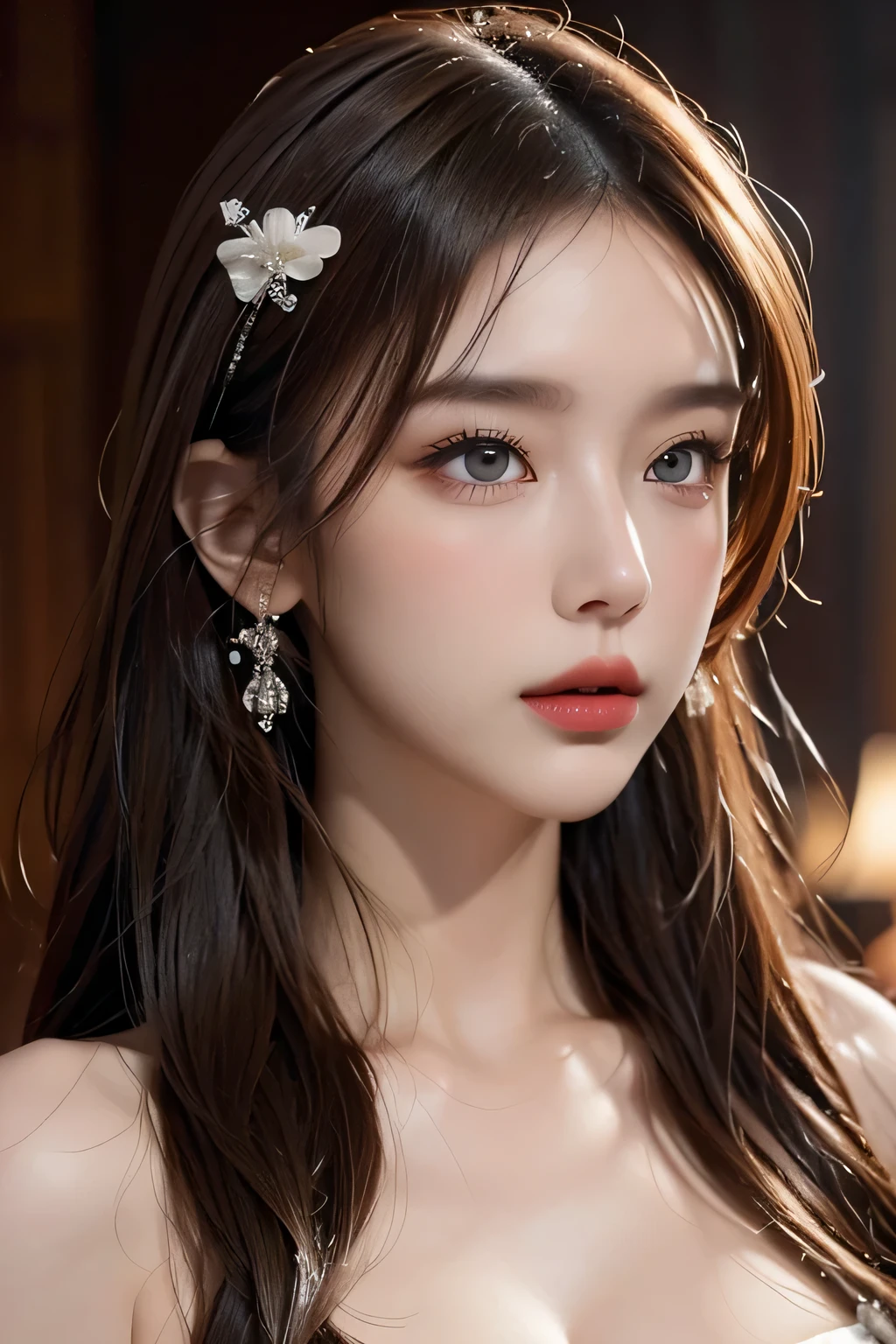 A woman with long hair wearing a white dress and earrings - SeaArt AI