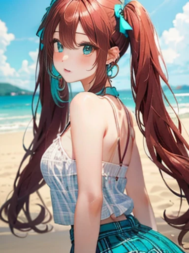 sandy beach、Asahi、big butt、 (alone:1.5,)Super detailed,bright colors, very beautiful detailed anime face and eyes, look straight, ;shiny_skin,girl, ((White long hair,Inner color is red ）、forehead is exposed.、、shiny hair, delicate beautiful face, blush、(turquoise eyes), White skin, Valletta, earrings,、、、checked skirt、twin tails