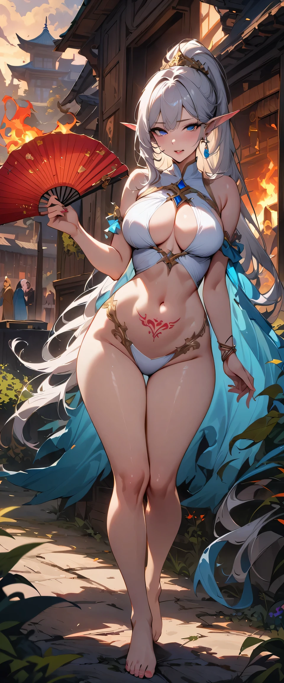 top quality, masterpiece, ultra high definition, Beautiful priestess, Hand waving red fan, fan on fire, Belly button tattoo,blue eyes, looking at the audience, lol,long hair, lips, elf ears, White clothes are very transparent, breasts and can be seen,Feather cape,hair accessories,earrings, Slim, ponytail,barefoot,outdoor,Burning battlefield background