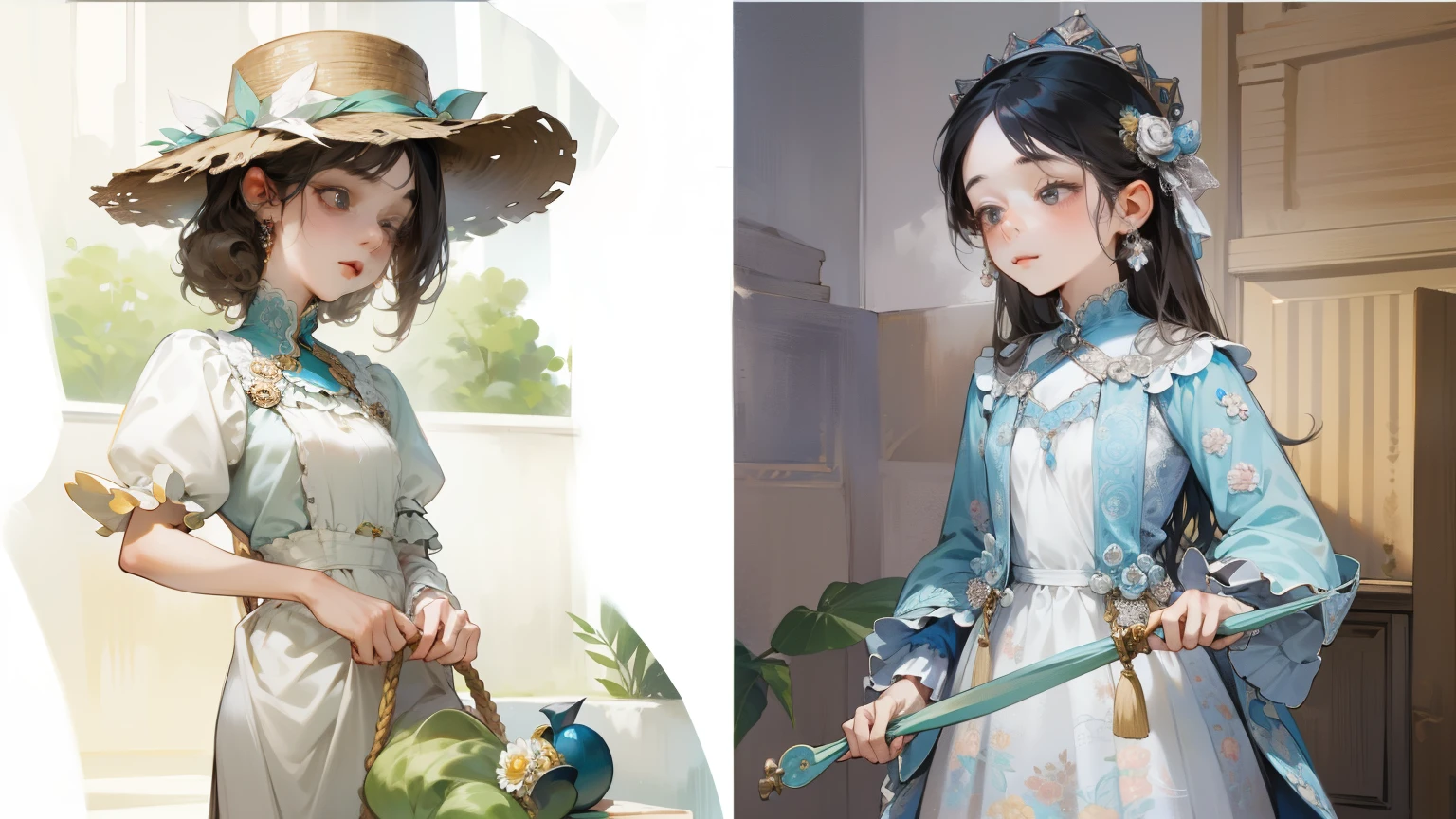 Photo of two women wearing skirts and hats, artwork, , Very detailed, Rococo, style, two different roles,Lots of details,Human body high details, best quality, anatomically correct,rococo style, Romanticism