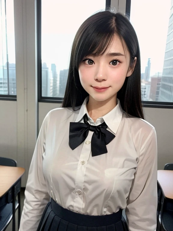 (kawaii 24 year-old Japanese girl, Nogizaka idol, Korean idol), (glossy black hair, random hair style:1.3), (extra rounded face, single eyelid, no makeup, soft smiling:1.2), (well shaped whitened teeth:0.8), (wearing Japanese school uniforms, collared shirt, school bow tie:1.3), (well shaped extra small breasts:1.2), (looking at viewer:1.2), BREAK, (classroom background, standing by the window:1.3), (dynamic angle, face focus:1.3), BREAK, (masterpiece, best quality, photo realistic, official art:1.4), (UHD, 8K quality wallpaper, high resolution, raw photo, film grain:1.2), (shiny skin), professional lighting, physically based rendering, award winning, (perfect anatomy, highly detailed skin, extremely detailed face and eyes, well drawn glittering pupils), Carl Zeiss 85 mm F/1.4, depth of field, 1girl, solo,