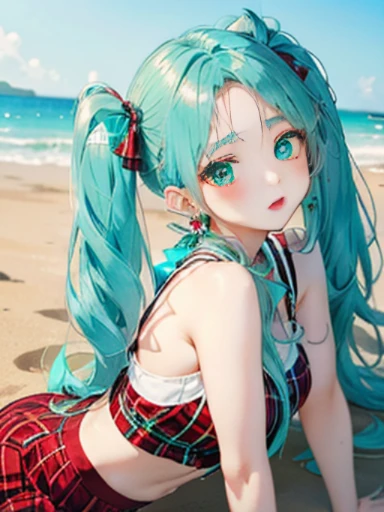 sandy beach、Asahi、big butt、 (alone:1.5,)Super detailed,bright colors, very beautiful detailed anime face and eyes, look straight, ;shiny_skin,girl, ((White long hair,Inner color is red ）、forehead is exposed.、、shiny hair, delicate beautiful face, blush、(turquoise eyes), White skin, Valletta, earrings,、、、red check mini skirt、twin tails