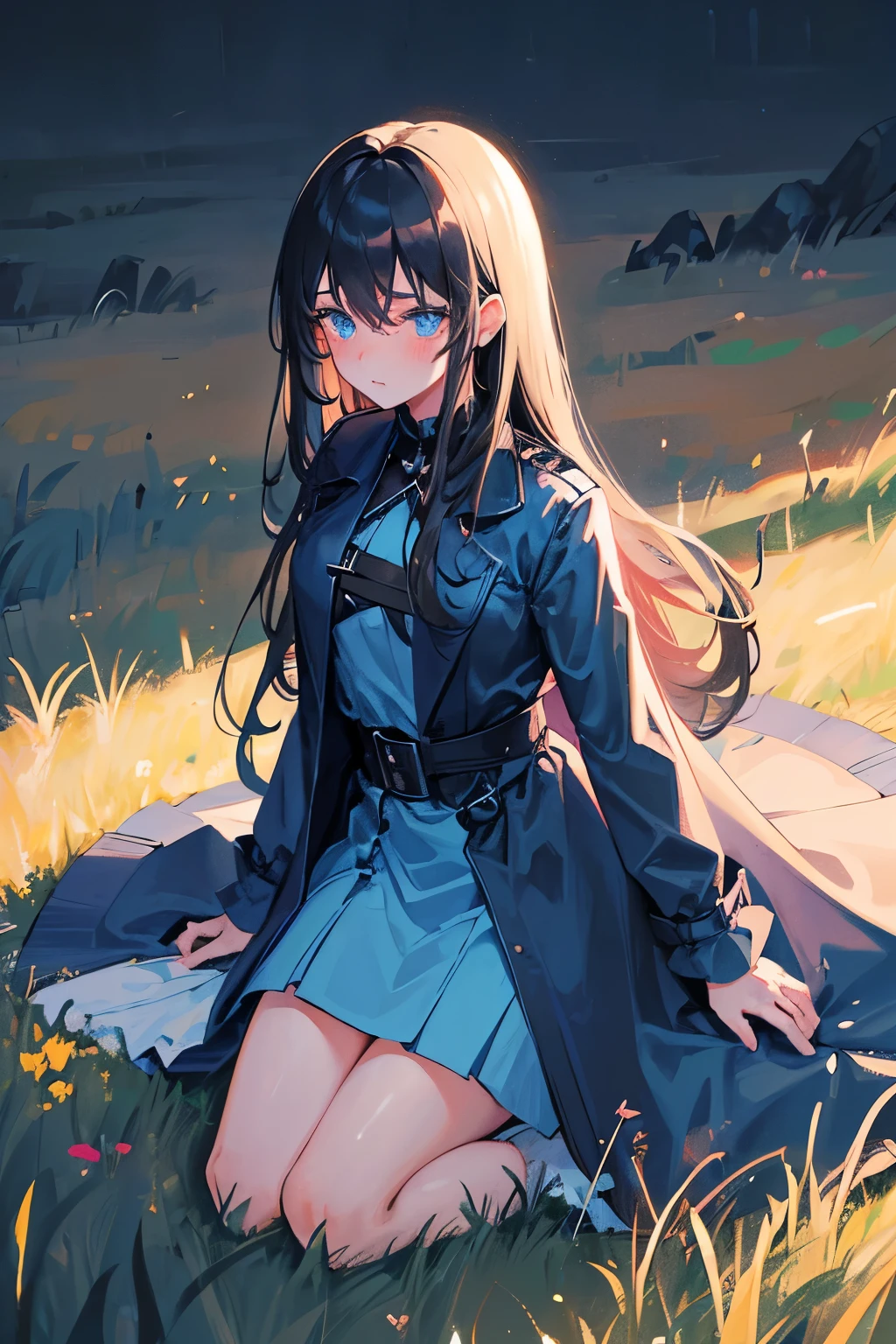 1girl, Black straight long hair, Blue eyes, (Detailed face), Full body, ((intense Blue trench coat)), medieval, (Grasslands bakcground), masterpiece, black skirt, (cute face), (blush), nervous face