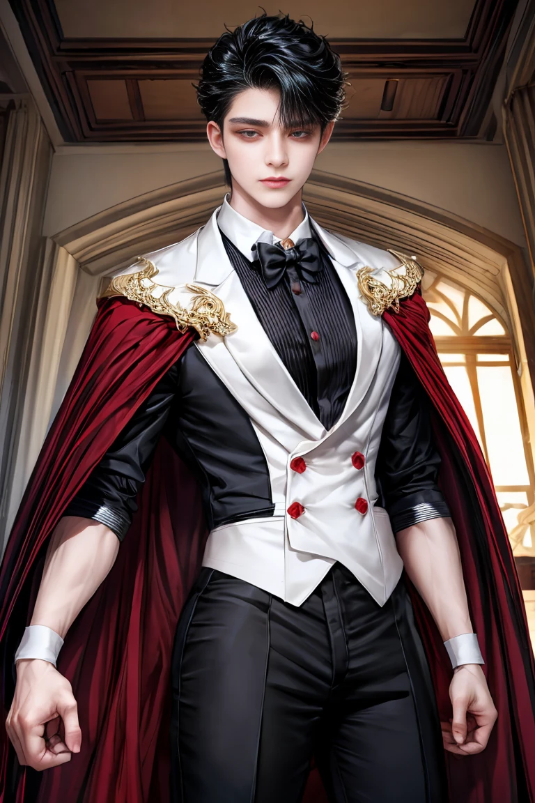 masterpiece, 最high quality, high quality, 1 boy, alone, male focus, looking at the viewer, whole body, Winning spirit_destiny, messy black hair, blue adorable big eyes, white people, Noble, Noble, Noble的な吸血鬼、An elegant tuxedo,A very large, very tall stand-up collar, a very large, very long, long cape that reaches down to the floor, made of a lot of fabric, red and black., ,cute beautiful boy,cute cute handsome boy