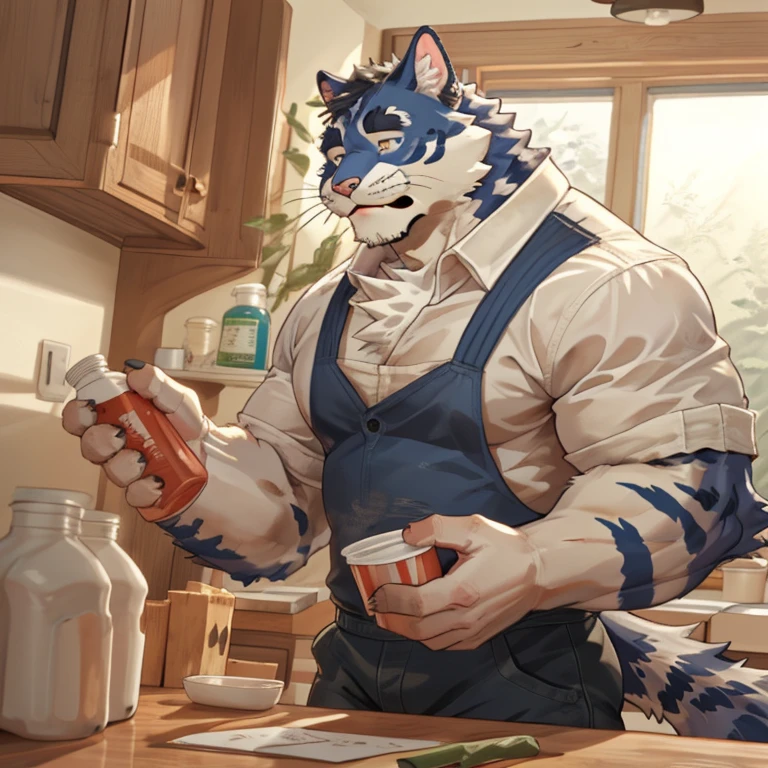 A muscular furry cat is in his kitchen, he is close to a white refrigerator that is open, in the furry's hand he is holding a carton of milk that is in his mouth, the carton of milk is from the marks "paws", he leaves his paws showing.