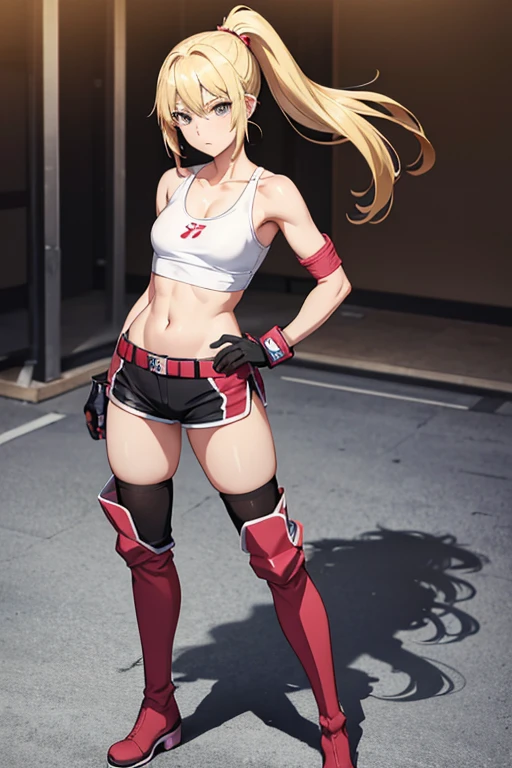 anime picture、full body portrait、Mixed martial artist standing upright、A woman around 180cm tall, around 37 years old, wearing a tank top and shorts, with a blonde ponytail and no facial expression.、flat chest、Wearing elbow protectors, gloves and thigh-high boots