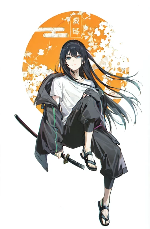 anime man with long black hair sitting on a sword, by Jin Homura, anime character, anime style character, anime character art, an edgy teen assassin, best anime character design, manga character, with his long black hair, hinata hyuga, anime full body illustration, anime picture, inspired by Sugimura Jihei, anime style illustration