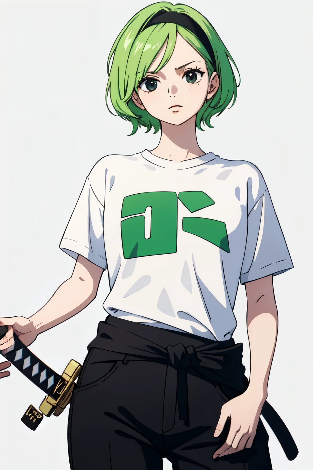 ((best quality)), ((masterpiece)), (detailed), perfect face, One Piece style, woman with white skin, black eyes, short green hair, scar on the right eye, white t-shirt, green haramaki with black stripes on the waist, dark green bandana tied on the right arm, black pants, three katanas tied to the waist.