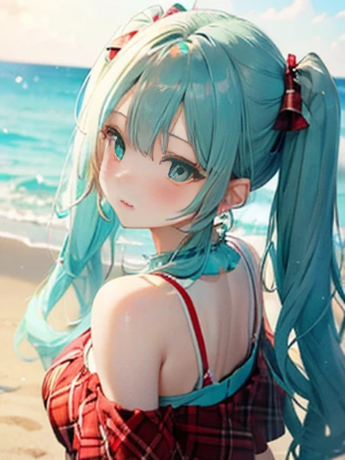 sandy beach、Asahi、big butt、 (alone:1.5,)Super detailed,bright colors, very beautiful detailed anime face and eyes, look straight, ;shiny_skin,girl, ((White long hair,Inner color is red ）、forehead is exposed.、、shiny hair, delicate beautiful face, blush、(turquoise eyes), White skin, Valletta, earrings,、、、red check mini skirt、twin tails
