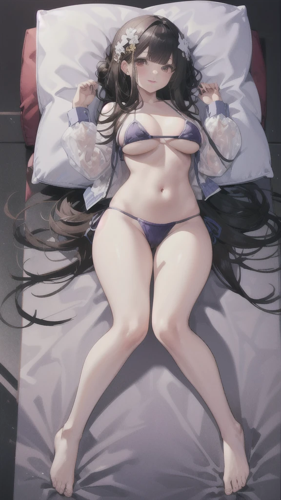 2 girls, the best, masterpiece, HD, (whole body), Symmetrical, alone, (whole body from head to toe), ((moro liberation front)), slingshot bikini, unrealistic, (( camel toe)), ((((translucent bikini)))), ((((translucent)))), ((((transparent)))), (((transparent clothing))), whole body视图, Look toward the camera, ((Life-size pillow picture)), ((dakimakura)), (Lying in bed),Physically based rendering, beautiful women, Perfect body, Smile, bedroom, Giant breast, barefoot, toe