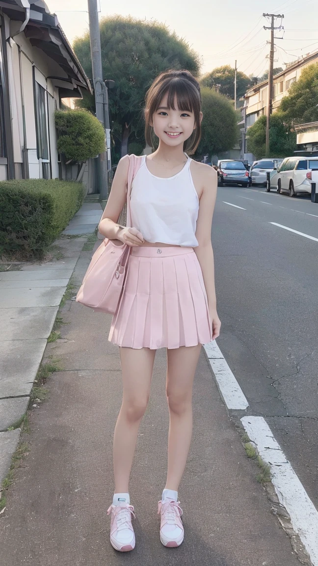 (masterpiece、masterpiece、8K、Raw photo:1.4)、High resolution、((Composition slightly away from the subject))、((A large full-body photo from face to eyes、cute little face、japanese woman、facing forward、Are standing、thin、Bare legs、Residential area in the morning、realistic、14 years old、bus stop、I was waiting alone、hang your school bag on your shoulder、Japanese、height: 150cm、、delicate body、small breasts、white camisole、mini skirt、pink sneakers、girl 、elegant young teenage woman、Please attach your feet、full body shot、full body shot、Neat hairstyle details、かなりthin脚、Look at the viewer with a grin