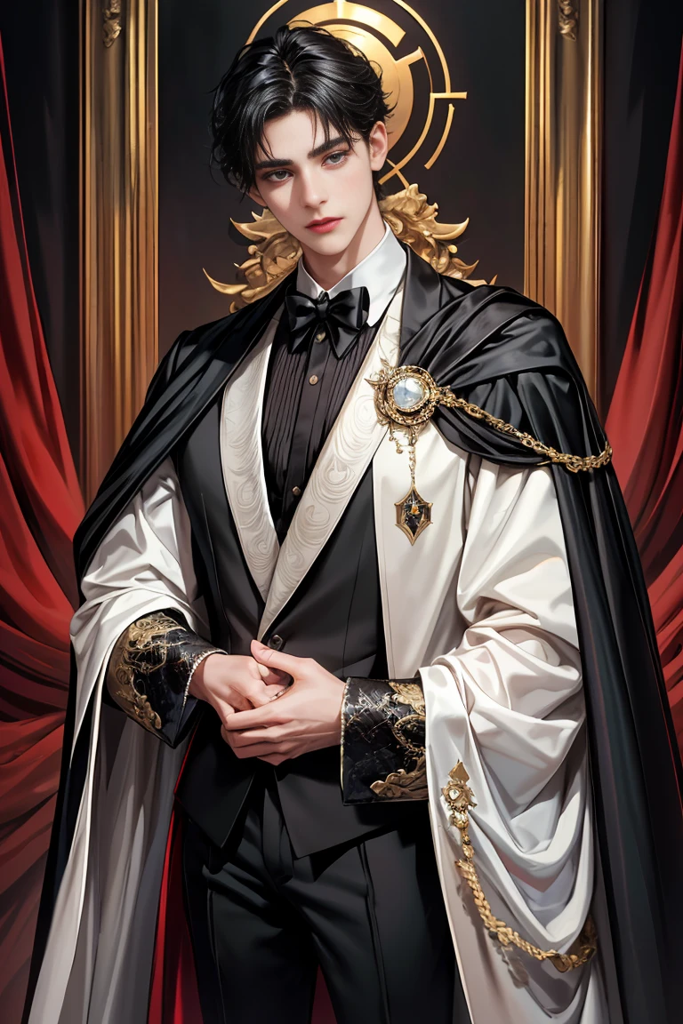 masterpiece, 最high quality, high quality, 1 boy, alone, male focus, looking at the viewer, whole body, Winning spirit_destiny, messy black hair, blue adorable big eyes, white people, Noble, Noble, Noble的な吸血鬼、An elegant tuxedo,A very large, very tall stand-up collar, a very large, very long, long cape that reaches down to the floor, made of a lot of fabric, red and black., 17 years old,cute beautiful boy,cute cute handsome boy
