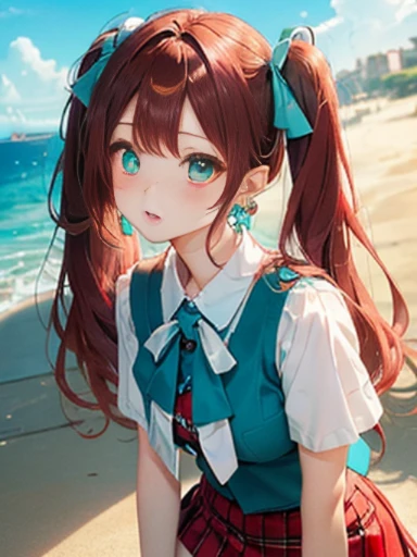 sandy beach、Asahi、big butt、 (alone:1.5,)Super detailed,明るいcolor, very beautiful detailed anime face and eyes, look straight, ;shiny_skin,girl, ((White long hair,Inner color is red )、forehead is exposed.、、shiny hair, delicate beautiful face, blush、(turquoise eyes), White skin, Valletta, earrings,、、、red check mini skirt、twin tails、color々pose