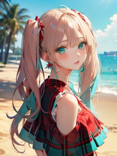 sandy beach、Asahi、big butt、 (alone:1.5,)Super detailed,明るいcolor, very beautiful detailed anime face and eyes, look straight, ;shiny_skin,girl, ((White long hair,Inner color is red ）、forehead is exposed.、、shiny hair, delicate beautiful face, blush、(turquoise eyes), White skin, Valletta, earrings,、、、red check mini skirt、twin tails、color々pose