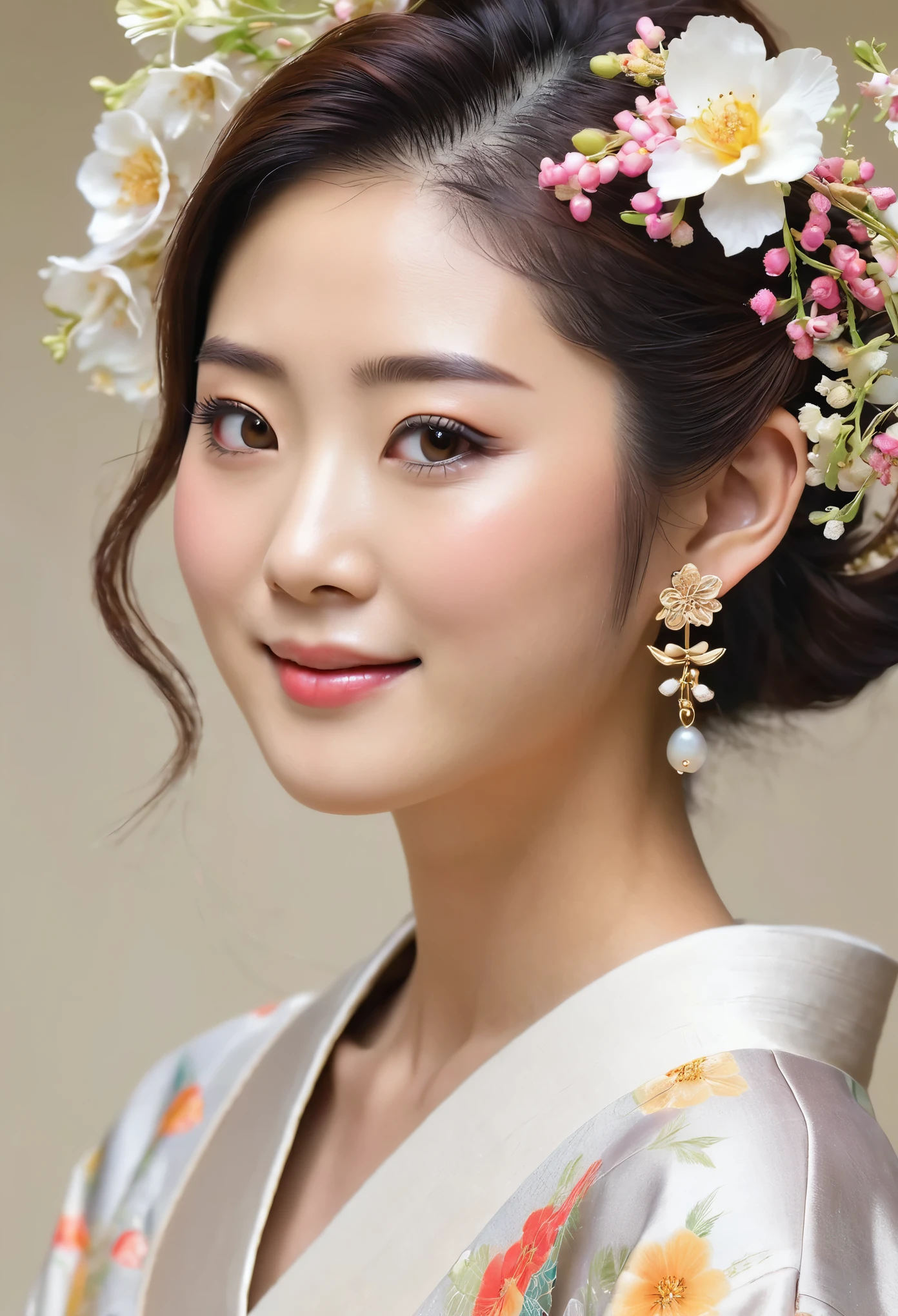 "Create a Japanese female model image with a natural, radiant look and a gentle smile, showing side face, Japanese style ear ring in the ear, some flowers in the hair, realistic