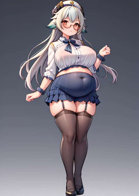 (masterpiece, best quality, highly detailed), 1girls, big belly, blurry background, huge belly, art by kipteitei, round belly, chubby, curvy, simple_background, gradient_background, belly grab, enormous belly, fat belly, thicc, bigger belly, really big belly, jiggly belly, shirt covering belly, belly cover by shirt, glasses, ((ta)), casual clothes, skirt, thighhighs, ((full body)), long hair