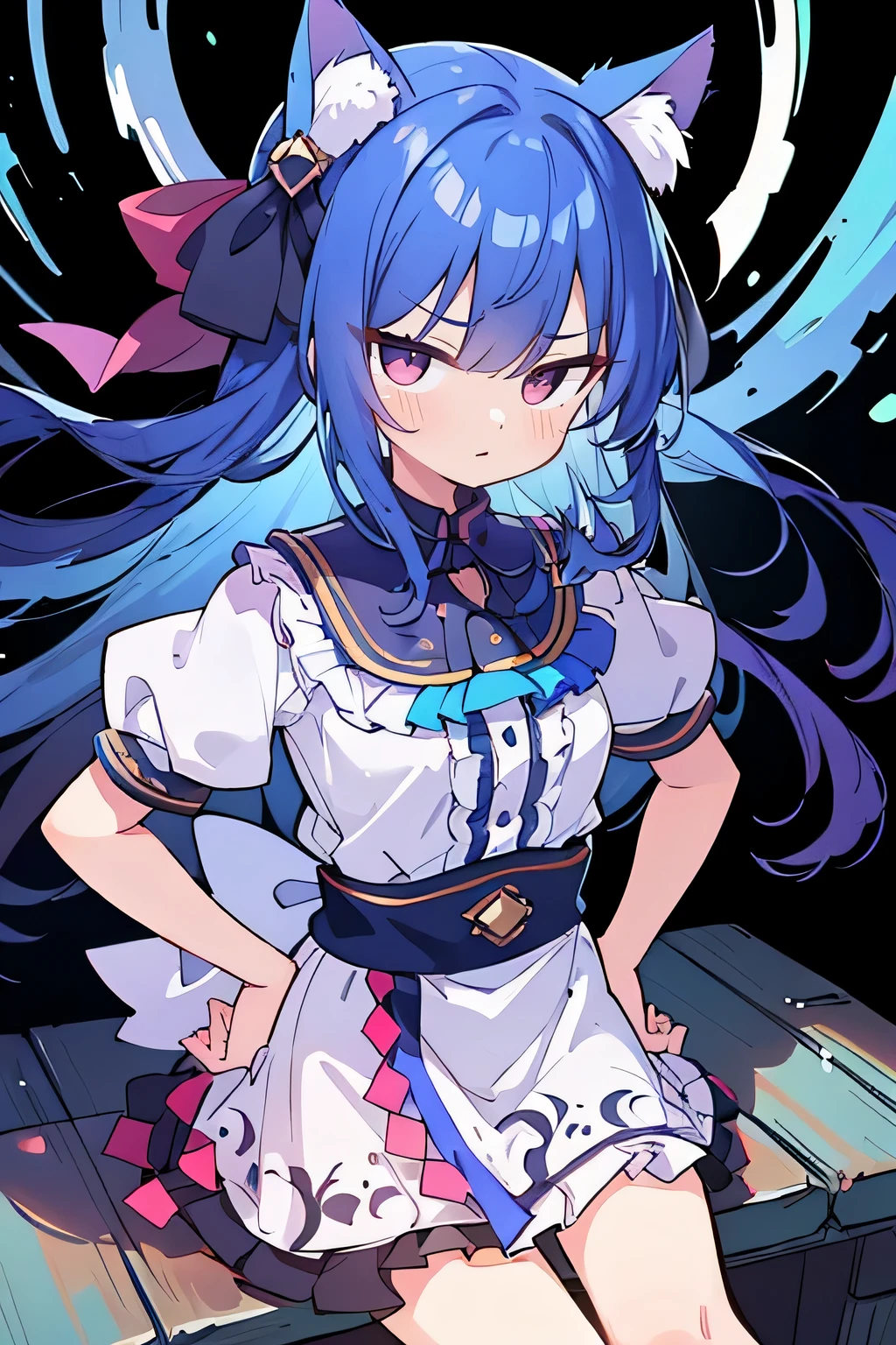 (masterpiece),best quality, expressive eyes, perfect face, 1girl,
Put your hands on your waist,fair, Gorgeous,Japanese cartoons,girl,lola,Hina Angel, blue hair, blue haired, floating clothes,Grab your waist, Grab your waist, hands on hips , hands on hips,sit, sit on ground, Legs on the ground, flat chest,cat ear,
