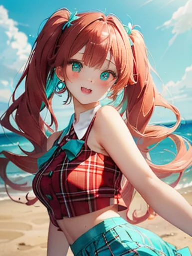 sandy beach、Asahi、big butt、 (alone:1.5,)Super detailed,bright colors, very beautiful detailed anime face and eyes, look straight, ;shiny_skin,girl, ((White long hair,Inner color is red )、forehead is exposed.、、shiny hair, delicate beautiful face, blush、(turquoise eyes), White skin, Valletta, earrings,、、、red check mini skirt、twin tails、cheerful pose、dynamic