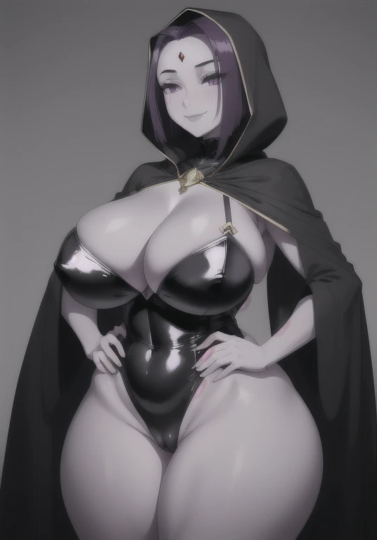 (masterpiece:1.2, best quality:1.2, beautiful, high quality, highres:1.1, aesthetic), detailed, extremely detailed, ambient soft lighting, 4K, perfect eyes, perfect face, perfect lighting, 1girl, rachelroth, purple hair, short hair, purple eyes, (grey skin), (colored skin), forehead jewel, huge breasts, huge ass, huge thighs, narrow waist, wide hips, thick thighs, curvy, cleavage, black leotard, blue cloak, hood, pussy, breasts, hands on hips, smile, standing, solo, simple background