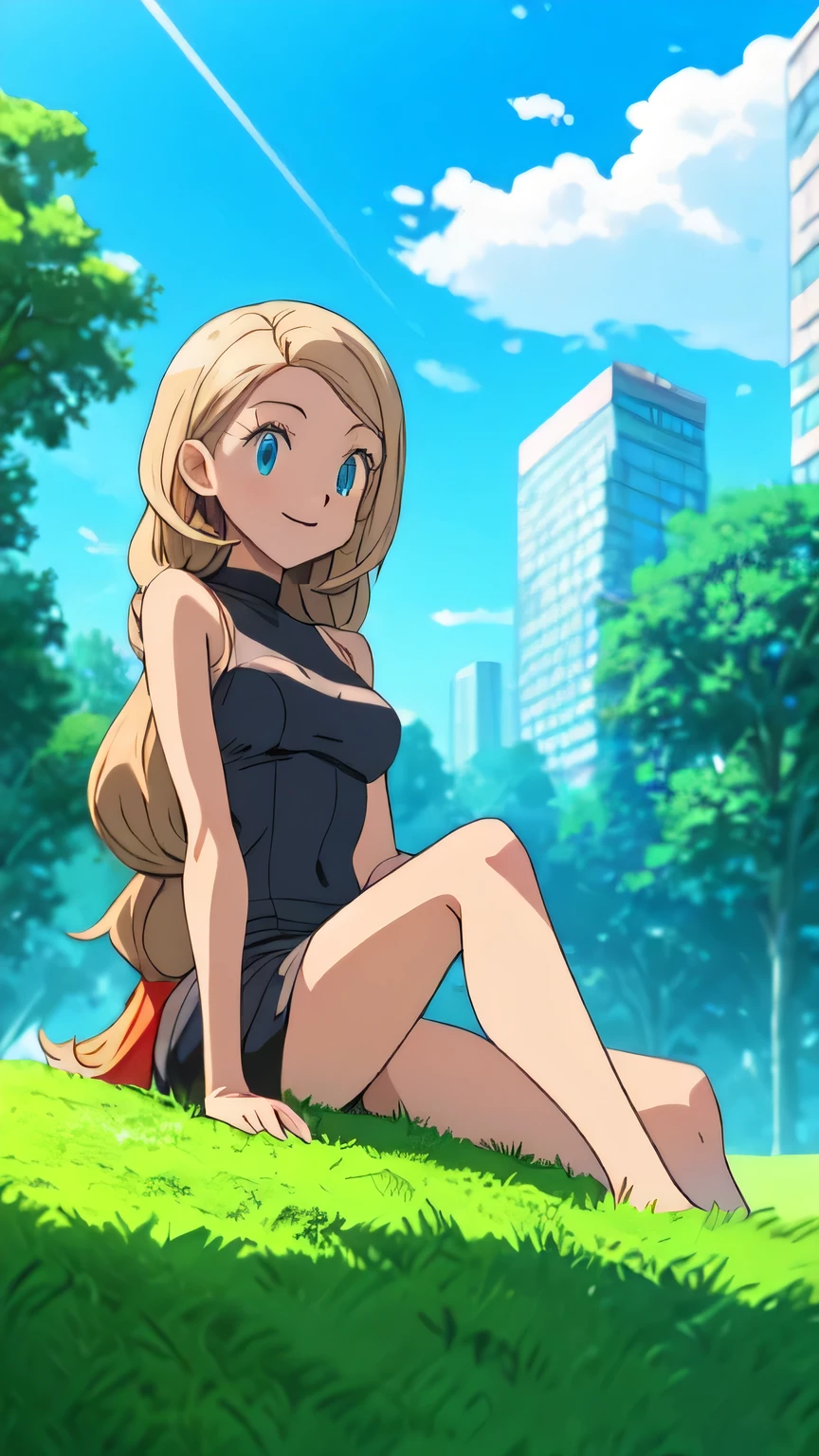 Blonde long hair girl sitting on green grass in park with blue sky and buildings in the background(Futuristic)
