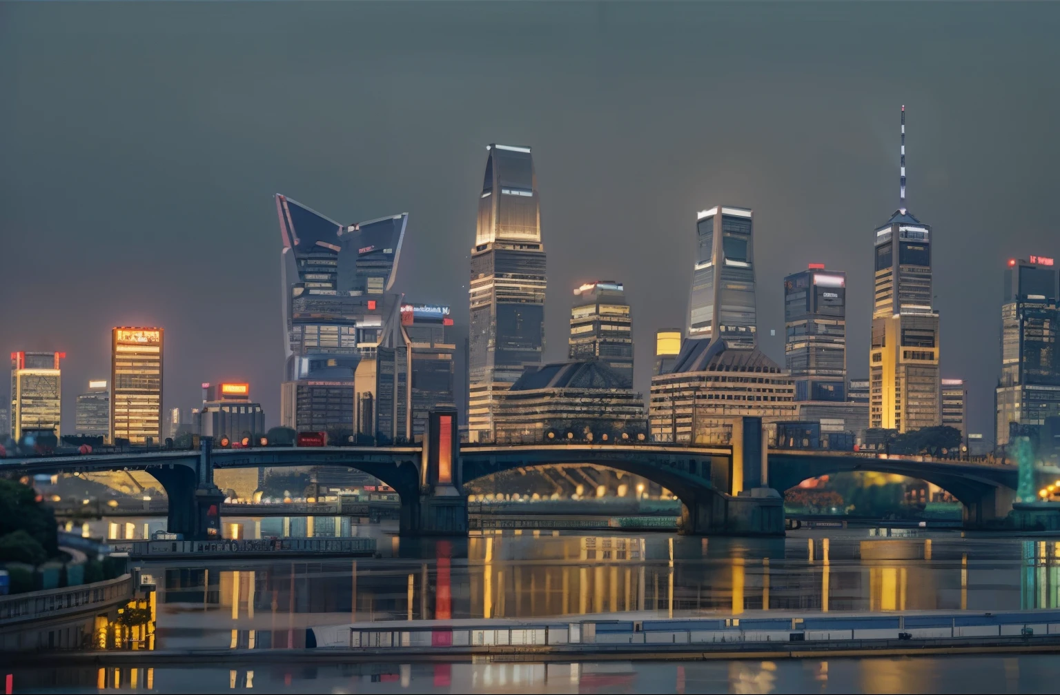 arafed view of a City skyline with a bridge and a bridge in the foreground, Hangzhou, Shenzhen, city in background, city background, city in background, beautiful cityscape, skyline showing, City skyline in the background, Wide-angle lens, Wide-angle lens, city in background, City skyline, Shanghai, beautiful city, city View, Shanghai city