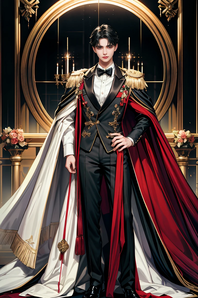 masterpiece, 最high quality, high quality, 1 boy, alone, male focus, looking at the viewer, whole body, Winning spirit_destiny, messy black hair, blue adorable big eyes, white people, Noble, Noble, Noble的な吸血鬼、An elegant tuxedo,A very large, very tall stand-up collar, a very large, very long, long cape that reaches down to the floor, made of a lot of fabric, red and black., ,cute beautiful boy,cute cute handsome boy