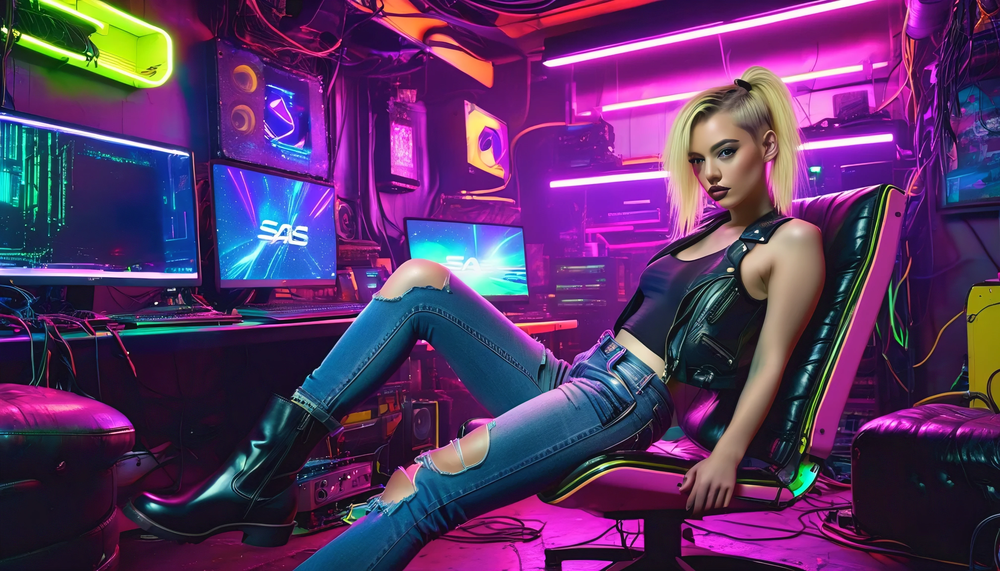 realistic, a futuristic cyberpunk hackerspace at night with many computer parts laying around, green and purple and yellow and pink neon and LED lights, a large dark red leather armchair standing in the middle of the room, on the chair sits a flat chested girl teasing the viewer, legs spread, dark blue worn down cutoff jeans miniskirt, dirty old black leather SAS boots, torn olive tank top, undressing her very worn black leather jacket, blonde hair with a slight pink undercut