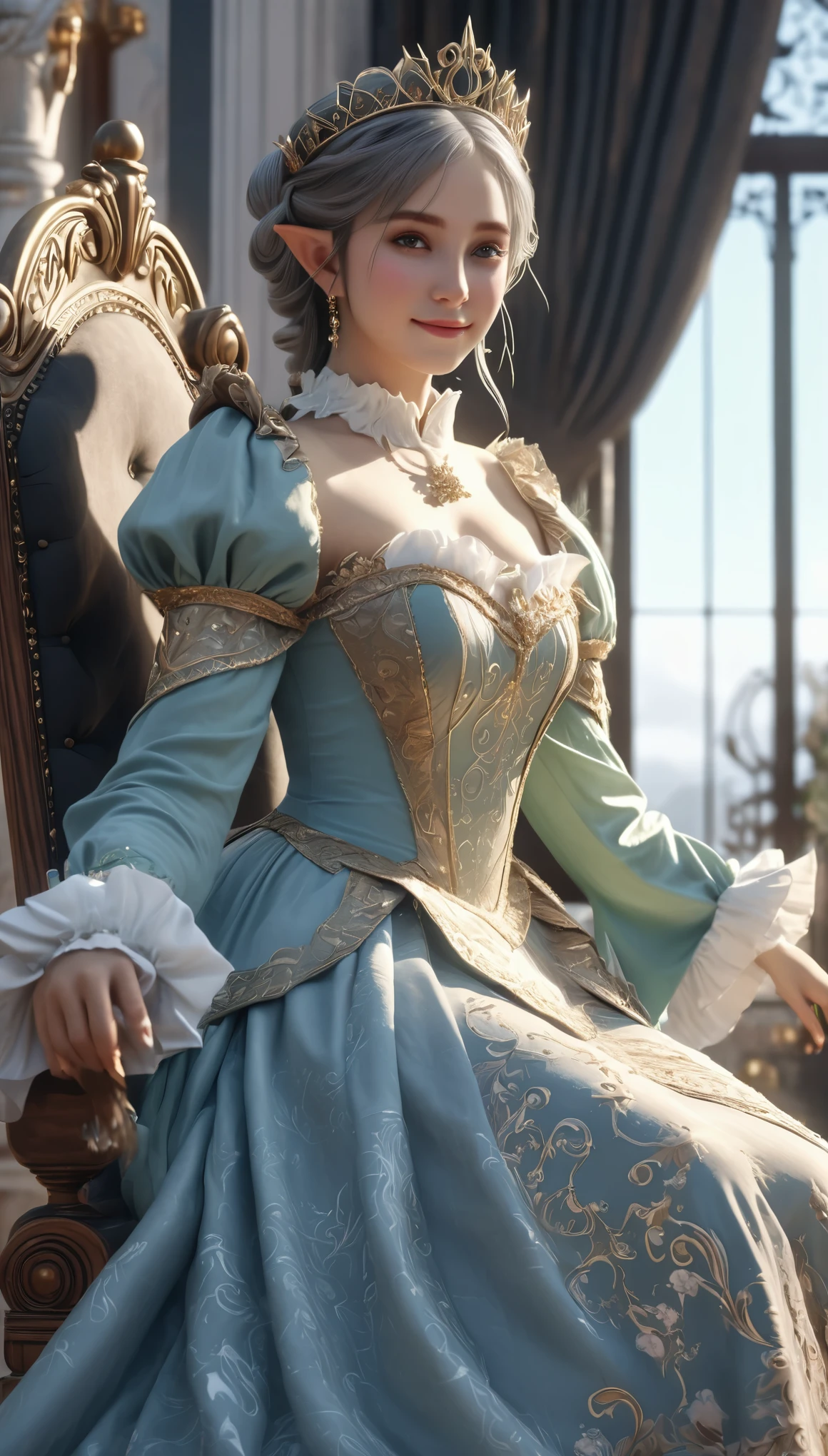 a beautiful woman, (elf queen:1.4) sit on the throne,(neko maid outfit:1.8) , perfect face, whole body, victorian era, noble dress, intricate decoration, spelling, explain, Smile, Put your arms behind your back, soft rim light, beautiful detailed sky, masterpiece, ultra high resolution, high quality, 4K, (photorealistic:1.2), photo,