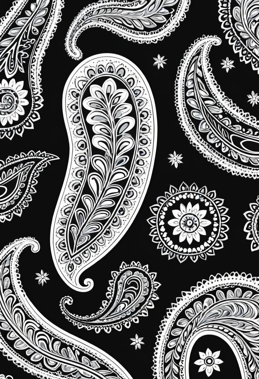 A white simplified paisley print over a black background