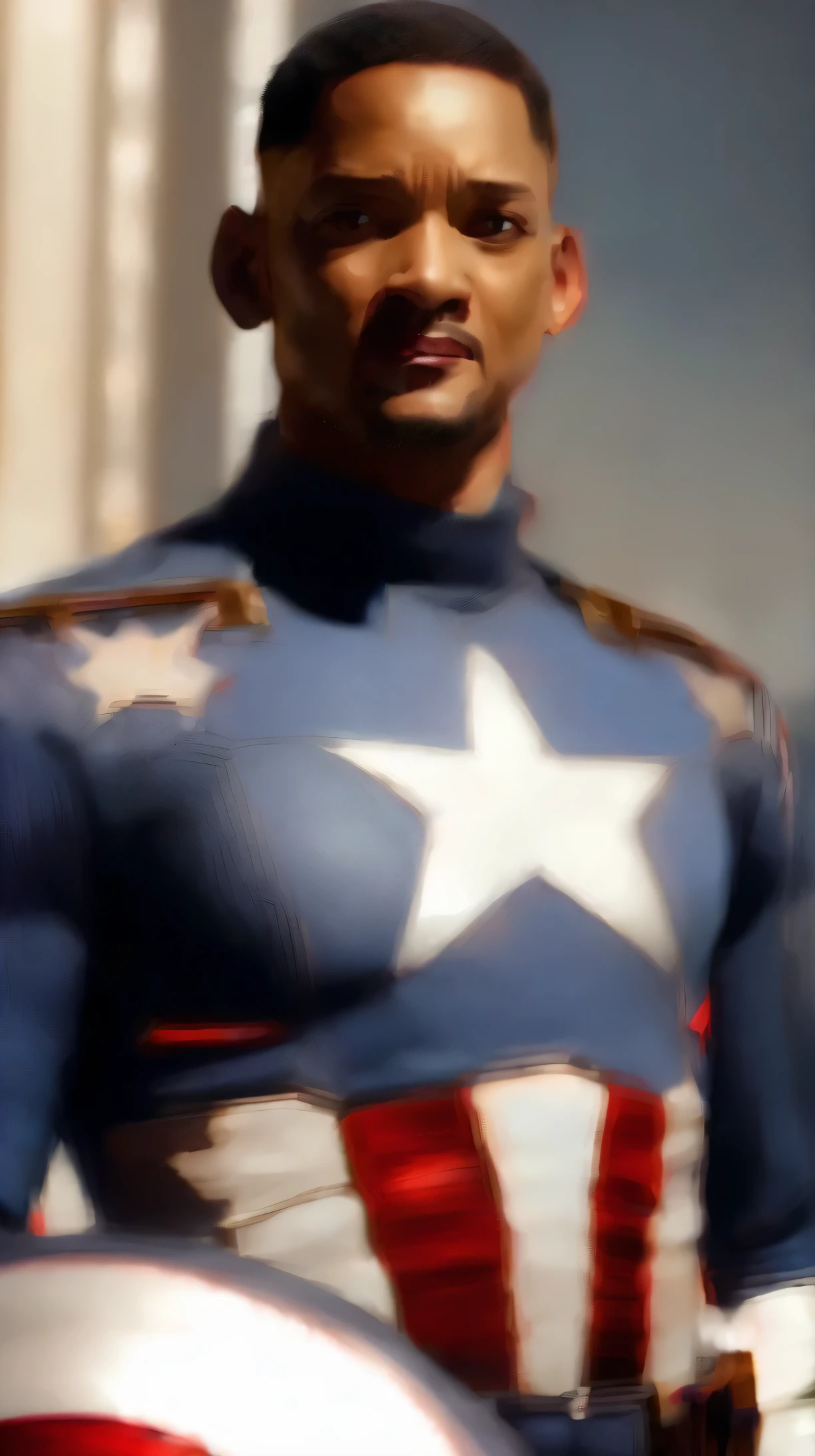 . .Tarantino style Will Smith as Captain America 8k, high definition, detailed face, detailed face, detailed eyes, detailed suit, in style of marvel and dc, hyper-realistic, + cinematic shot + dynamic composition, incredibly detailed, sharpen, details + superb details + evening with light + perfectionism + award winning realism ((moody lighting))