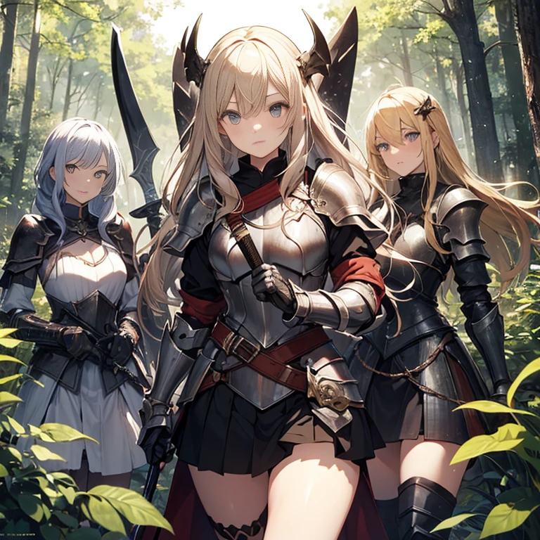 A group of female knight, (in forest), various hair styles, harem, wearing armored clothes, metal armor, night, details face, , short skirt, seducing, sword