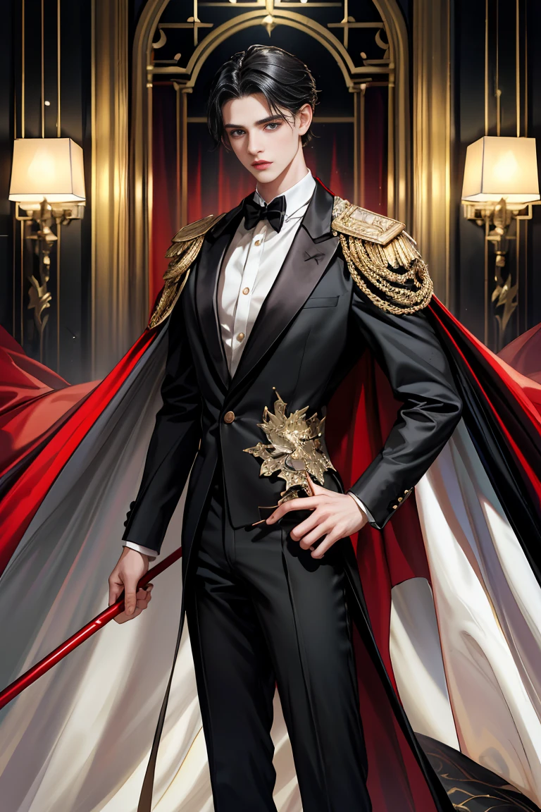 masterpiece, 最high quality, high quality, 1 boy, alone, male focus, looking at the viewer, whole body, Winning spirit_destiny, messy black hair, blue adorable big eyes, white people, Noble, Noble, Noble的な吸血鬼、An elegant tuxedo,A very large, very tall stand-up collar, a very large, very long, long cape that reaches down to the floor, made of a lot of fabric, red and black., ,cute beautiful boy,cute cute handsome boy