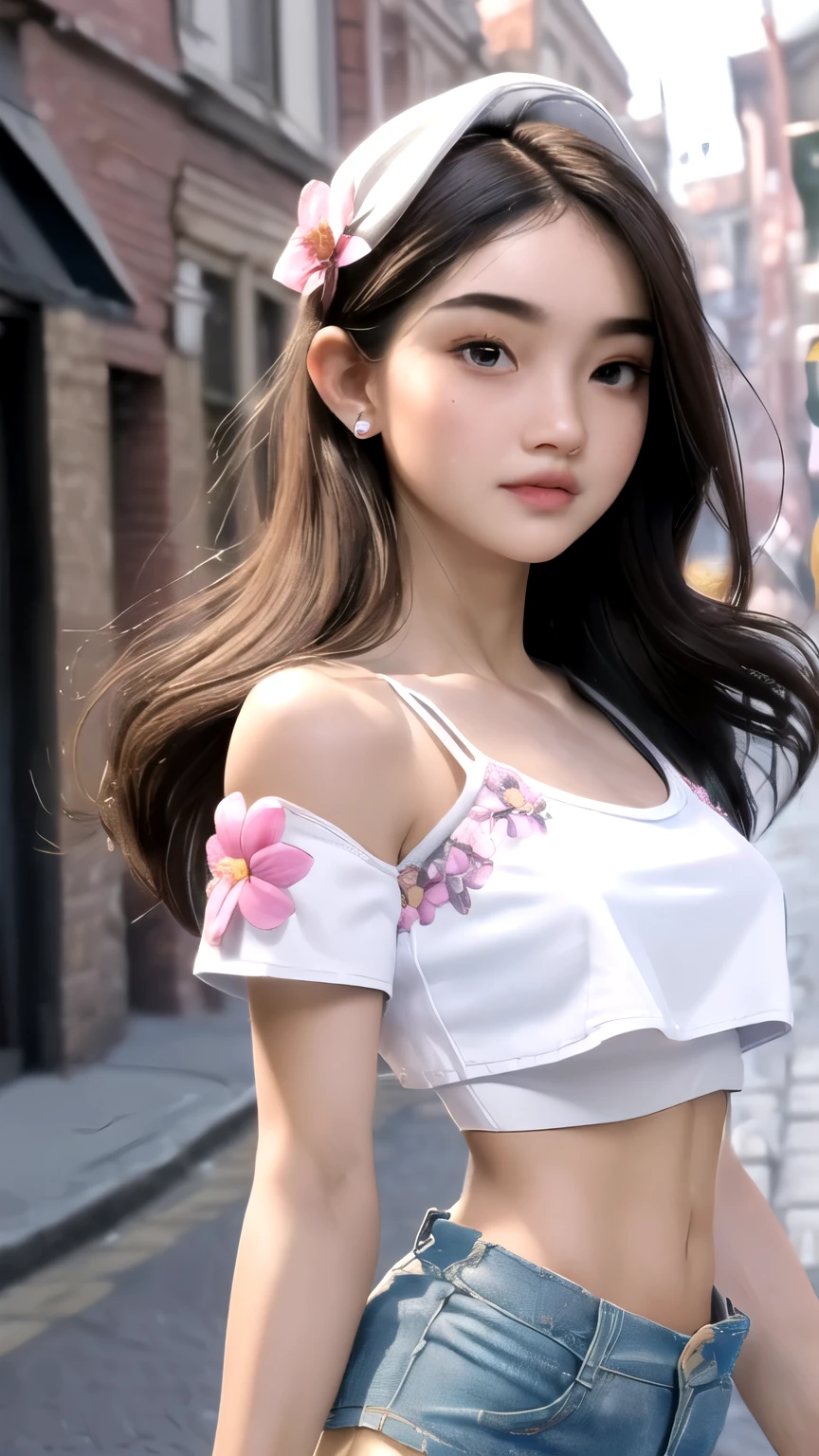 ((Best Quality, 8K, Masterpiece: 1.3)), (Flower Cap: 1.3), Focus: 1.2, Perfect Body Beauty: 1.4, Buttocks: 1.2, (Layered Haircut: 1.2)), (Dark Street: 1.3), Highly Detailed Face and Skin Texture, Full Body, Delicate Eyes, Double Eyelids, Whitened Skin, Long Hair, (Round Face: 1.5), (Loose Crop Top, Shorts: 1.6)
