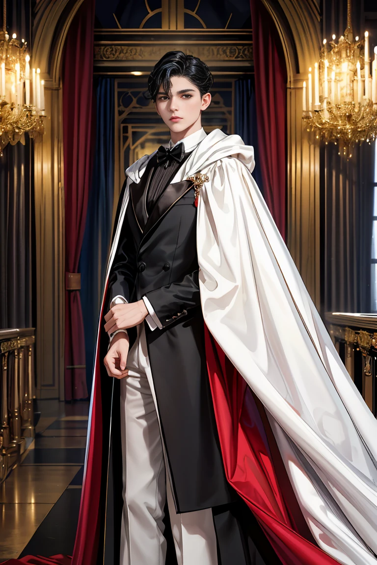 masterpiece, 最high quality, high quality, 1 boy, alone, male focus, looking at the viewer, whole body, Winning spirit_destiny, messy black hair, blue adorable big eyes, white people, Noble, Noble, Noble的な吸血鬼、An elegant tuxedo,A very large, very tall stand-up collar, a very large, very long, long cape that reaches down to the floor, made of a lot of fabric, red and black., ,cute beautiful boy,cute cute handsome boy