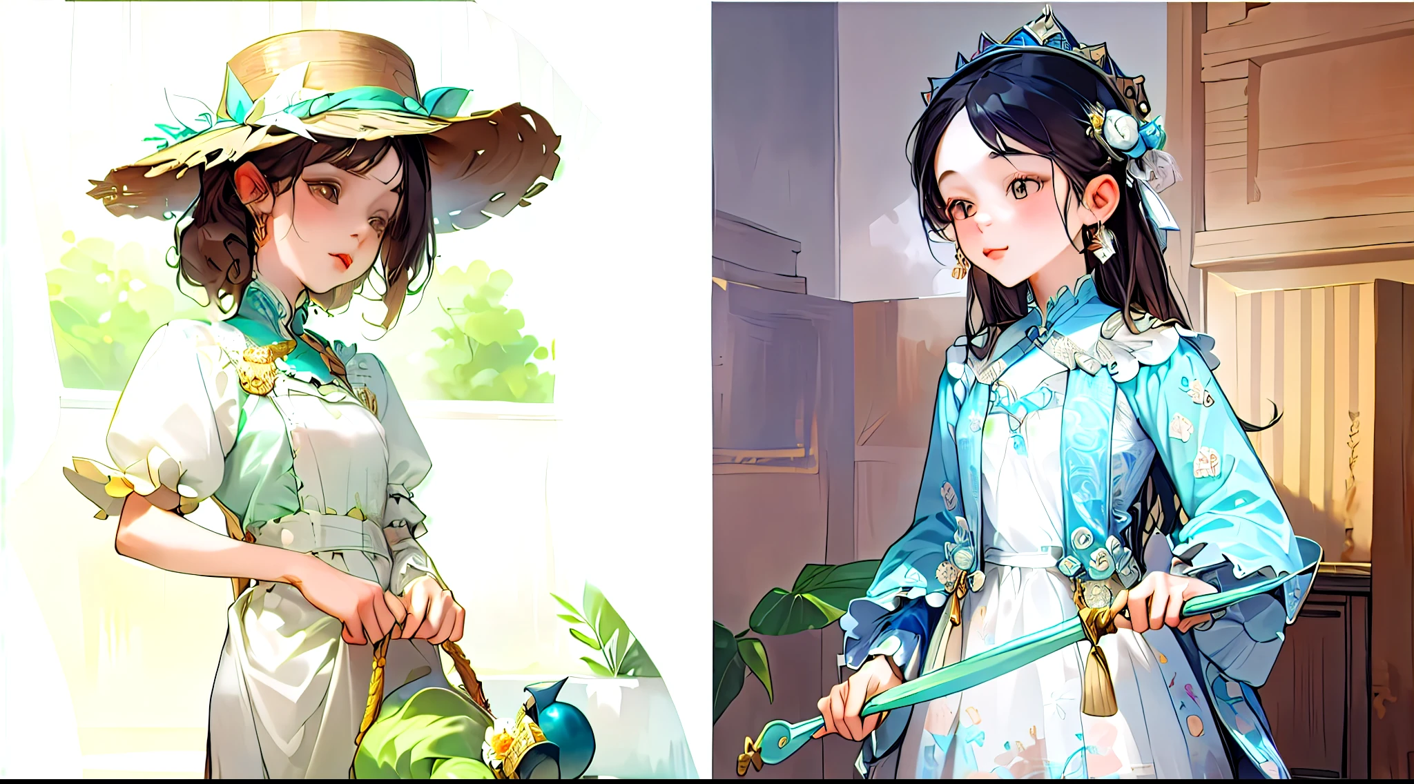 There are two pictures of women wearing skirts and hats. Beautiful figure painting, Popular topics on cgstation, palace ， A girl wearing Hanfu, wlop loish and clip style, WLOP style