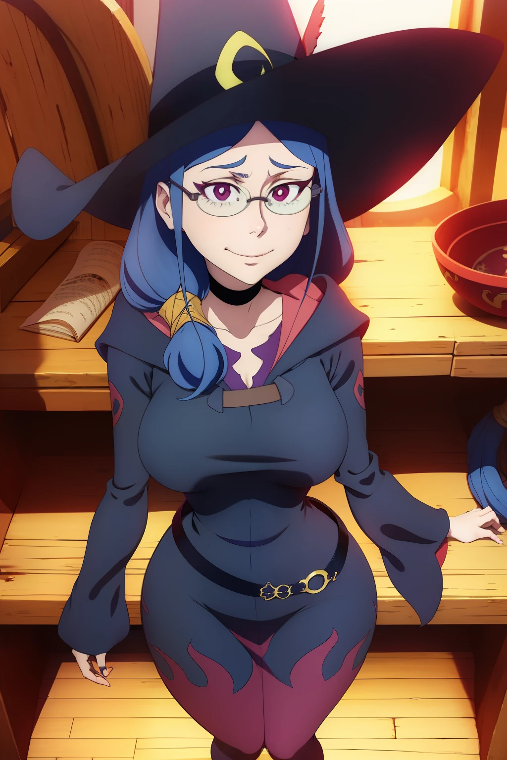 (best quality, top quality), masterpiece, best quality, ursula charistes, 1girl, solo, long hair, blue hair, red eyes, glasses, witch hat, witch, happy, dress, belt, long sleeves, large breasts, full body,