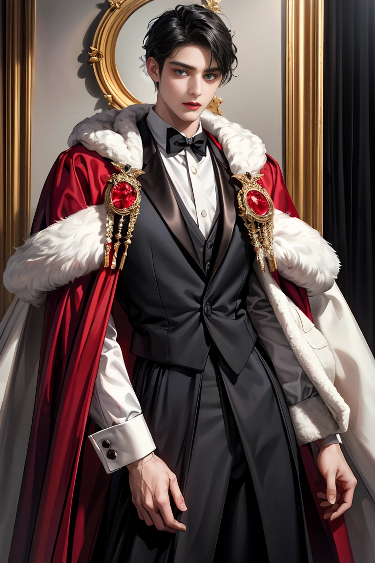 
masterpiece, 最high quality, high quality, 1 boy, alone, male focus, looking at the viewer, whole body, Winning spirit_destiny, messy black hair, blue adorable big eyes, white people, Noble, Noble, noble vampire、An elegant tuxedo,A very large, very tall stand-up collar, a very large, very long, long cape that reaches down to the floor, made of a lot of fabric, red and black., 17 years old,cute beautiful boy,cute cute handsome boy