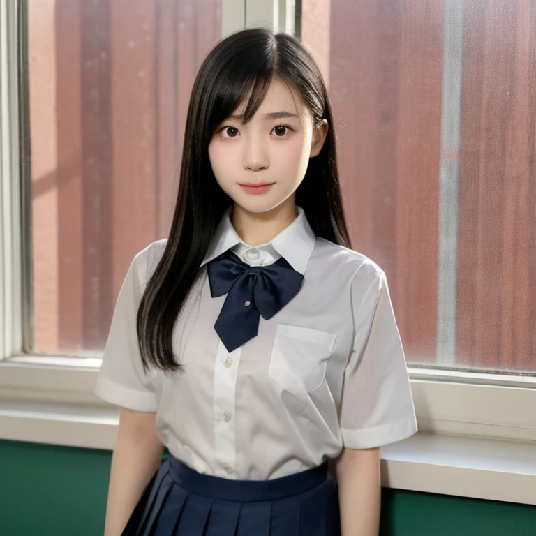 (kawaii 24 year-old Japanese girl, Nogizaka idol, Korean idol), (glossy black hair, random hair style:1.3), (extra rounded face, single eyelid, no makeup, soft smiling:1.2), (wearing Japanese school uniforms, collared shirt, school bow tie:1.3), (well shaped extra small breasts:1.2), (looking at viewer:1.2), BREAK, (classroom background, standing by the window:1.3), (dynamic angle, face focus:1.3), BREAK, (masterpiece, best quality, photo realistic, official art:1.4), (UHD, 8K quality wallpaper, high resolution, raw photo, film grain:1.2), (shiny skin), professional lighting, physically based rendering, award winning, (perfect ???????, highly detailed skin, extremely detailed face and eyes, well drawn glittering pupils), Carl Zeiss 85 mm F/1.4, depth of field, 1girl, solo,