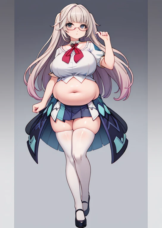 (masterpiece, best quality, highly detailed), 1girls, big belly, blurry background, huge belly, art by kipteitei, round belly, chubby, curvy, simple_background, gradient_background, belly grab, enormous belly, fat belly, thicc, bigger belly, really big belly, jiggly belly, shirt covering belly, belly cover by shirt, glasses, ((****ta)), casual clothes, skirt, thighhighs, ((full body)), long hair