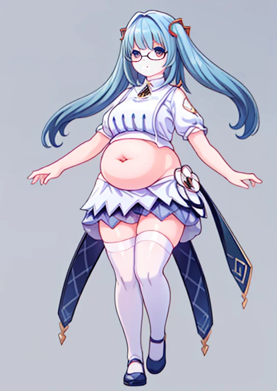 (masterpiece, best quality, highly detailed), 1girls, big belly, blurry background, huge belly, art by kipteitei, round belly, chubby, curvy, simple_background, gradient_background, belly grab, enormous belly, fat belly, thicc, bigger belly, really big belly, jiggly belly, shirt covering belly, belly cover by shirt, glasses, ((ta)), casual clothes, skirt, thighhighs, ((full body)), long hair