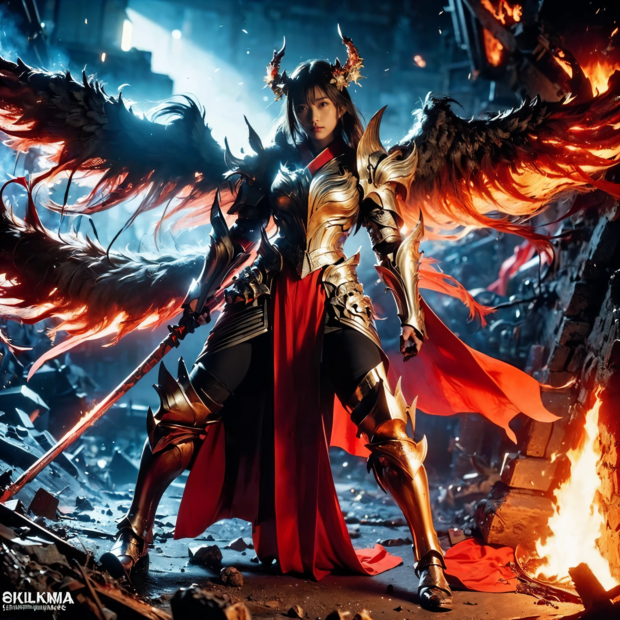 (((Realistic, masterpiece, best quality, crisp detail, high definition, high detail, very rich detail, sharp focus, sharp detail, colorful, rich color, perfect studio lightning))), ((20 years old, japanese goddess of hell, kasumi arimura)),(((in the middle of war, epic war scene))), wearing (((beautiful decorated golden heavy armor, phoenix armor, phoenix tails, decorated full body armor, fully armored beautiful kimono, wide colorful phoenix wings, blue aura))), (flying, floating, air attack stance, burning hands, holding fantasy weapon, blood scattered face, blood tears, blood bath, blood shed), (((fire everywhere, blood everywhere, death everywhere, japan bakumatsu period, dead bodies,carcass,burned japanese castle,hellish,chaos, hell fire, infernal molten lava land, erupting volcano)) burned traditional village background), shot from below