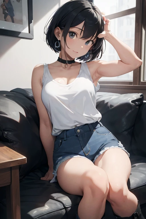 (masterpiece:1.2, best quality face), ung girl, solo, full body,
Action: sitting on a couch
Body: short, big Brest, nice ass, white skin
Hair: short curve blue hair,
Clothing: Sleeveless oversized shirt, no bra, paired with black jeans and boots,
Accessories: silver hoop earrings and a black choker necklace,
Venue: house Living room party