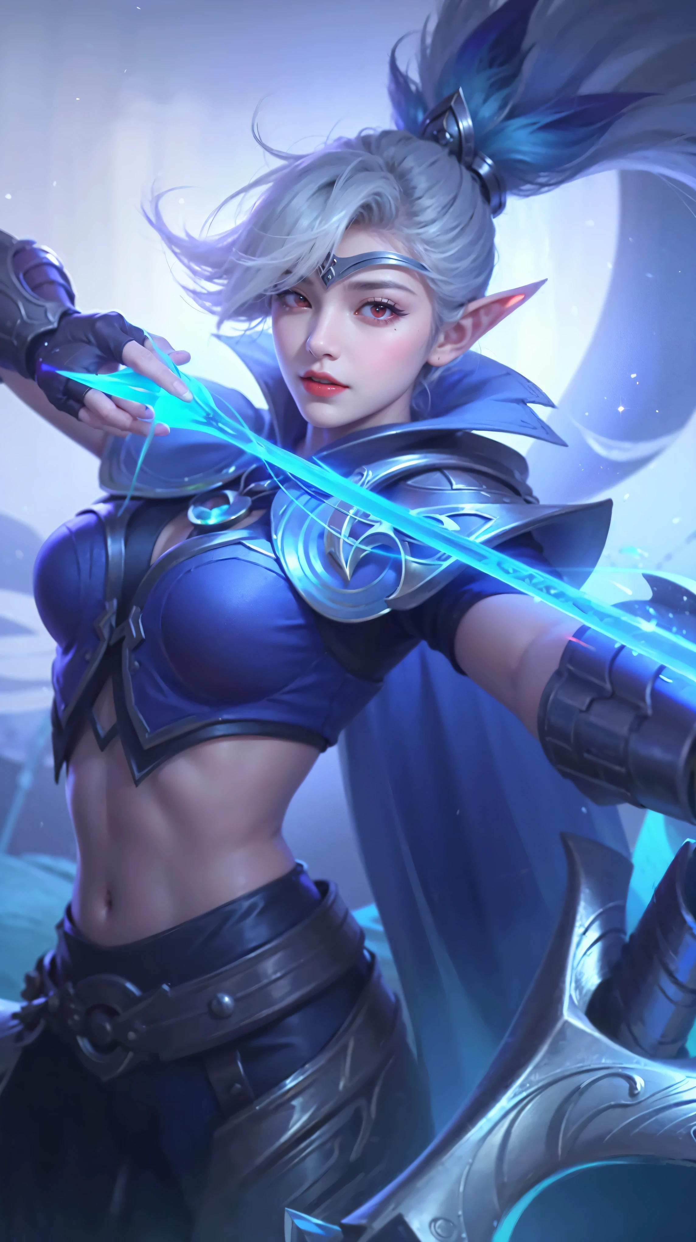 (female:1.2), 8k, ultra hd, ultra detailed texture, hyper realistic, masterpiece, detailed texture, detailed face, detailed skin, detailed lighting, (photorealistic:1.5), best quality, beautiful lighting, cinematic lighting, professional lighting, ultra highres, realistic, detailed hair, real hair, high quality, (realskin:1.5), extremely detailed, finely detail, ultra-detailed, 1girl, solo, elf, pointy ears, standing, demon horns, forehead protector, (red eyes:1.5), v-shapped eyebrow, lips, red lips, evil smile, nose, make up, pretty, beautiful, cute face, long hair, blue hair, high ponytail, large breasts, cleavage, armpit, navel, stomach, black armor, pauldrons, bare shoulders, shoulder armor, thigh high, sleevless, detached sleeves, breastplate, gauntlets, miya \(mobile legends\), depth of field, looking aways, white skin, skin tight, amazing pose, outdoors, glowing, dark view.