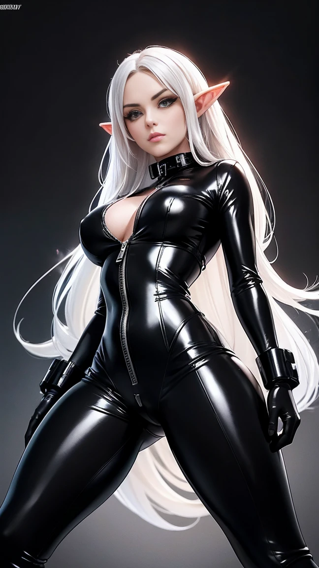 One, super good photo, портрет Unreal Engine 5 8K UHD красивой девушки, elf, long white hair, latex miniskirt, tight black latex catsuit, With zipper closure, in a tight black latex outfit, sleek black jumpsuit, Black cult character, Smooth black leather, black body, PVC, a little black, futuristic glossy latex suit, Rubber suit, резиновые belts, collar, rubber glove, rubber high boots, cuffs for arms and legs, belts, Best quality, masterpiece, official art, Unified Wallpaper 8K, Super detailed, sharp focus, dynamic pose, body parts, no extra limbs, It is anatomy