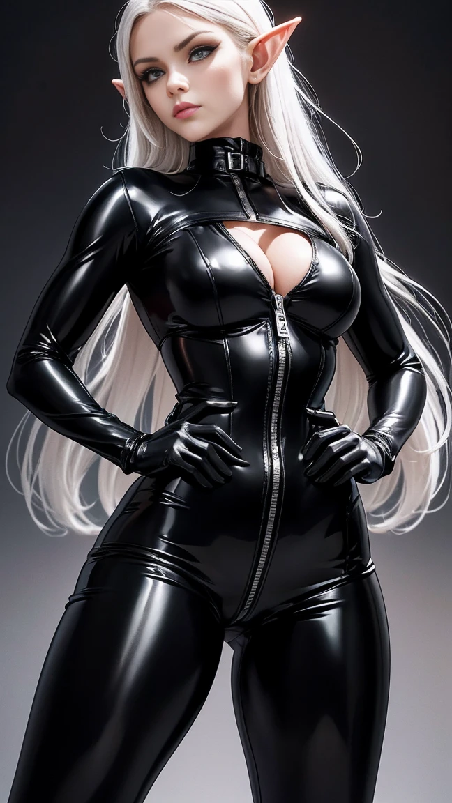 One, super good photo, портрет Unreal Engine 5 8K UHD красивой девушки, elf, long white hair, latex miniskirt, tight black latex catsuit, With zipper closure, in a tight black latex outfit, sleek black jumpsuit, Black cult character, Smooth black leather, black body, PVC, a little black, futuristic glossy latex suit, Rubber suit, резиновые belts, collar, rubber glove, rubber high boots, cuffs for arms and legs, belts, Best quality, masterpiece, official art, Unified Wallpaper 8K, Super detailed, sharp focus, dynamic pose, body parts, no extra limbs, It is anatomy